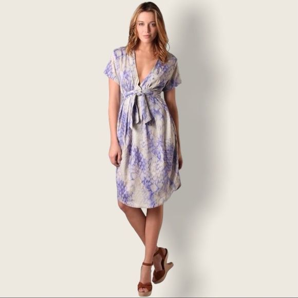 SUNO Silk Purple & Cream Water Color Snake Print Short Sleeve Plunge Neck Dress - Picture 1 of 12